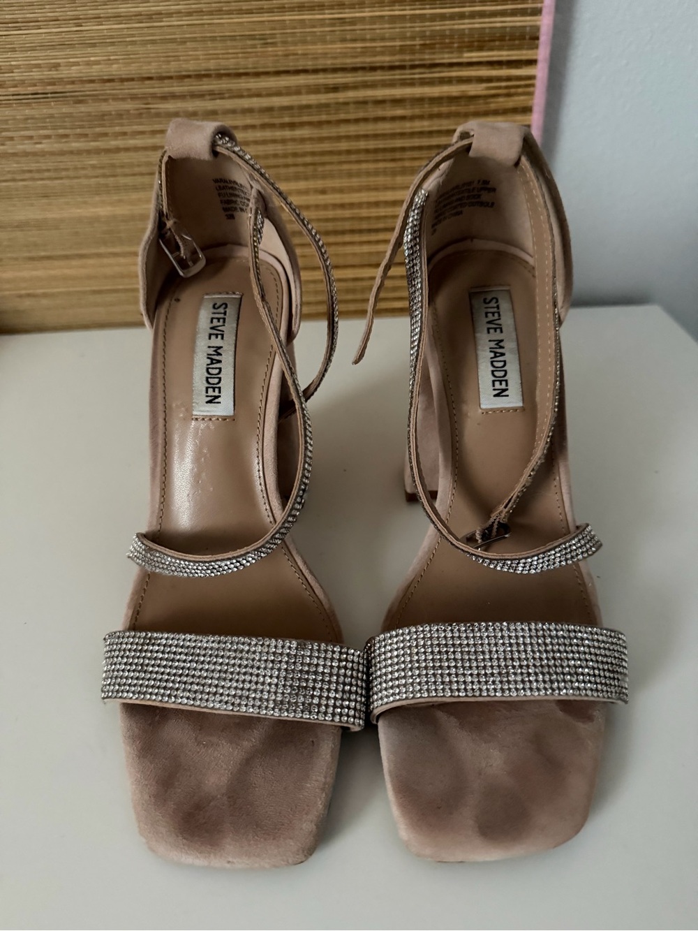 Steve Madden Blush Suede Rhinestone Ankle Strap Block Heels